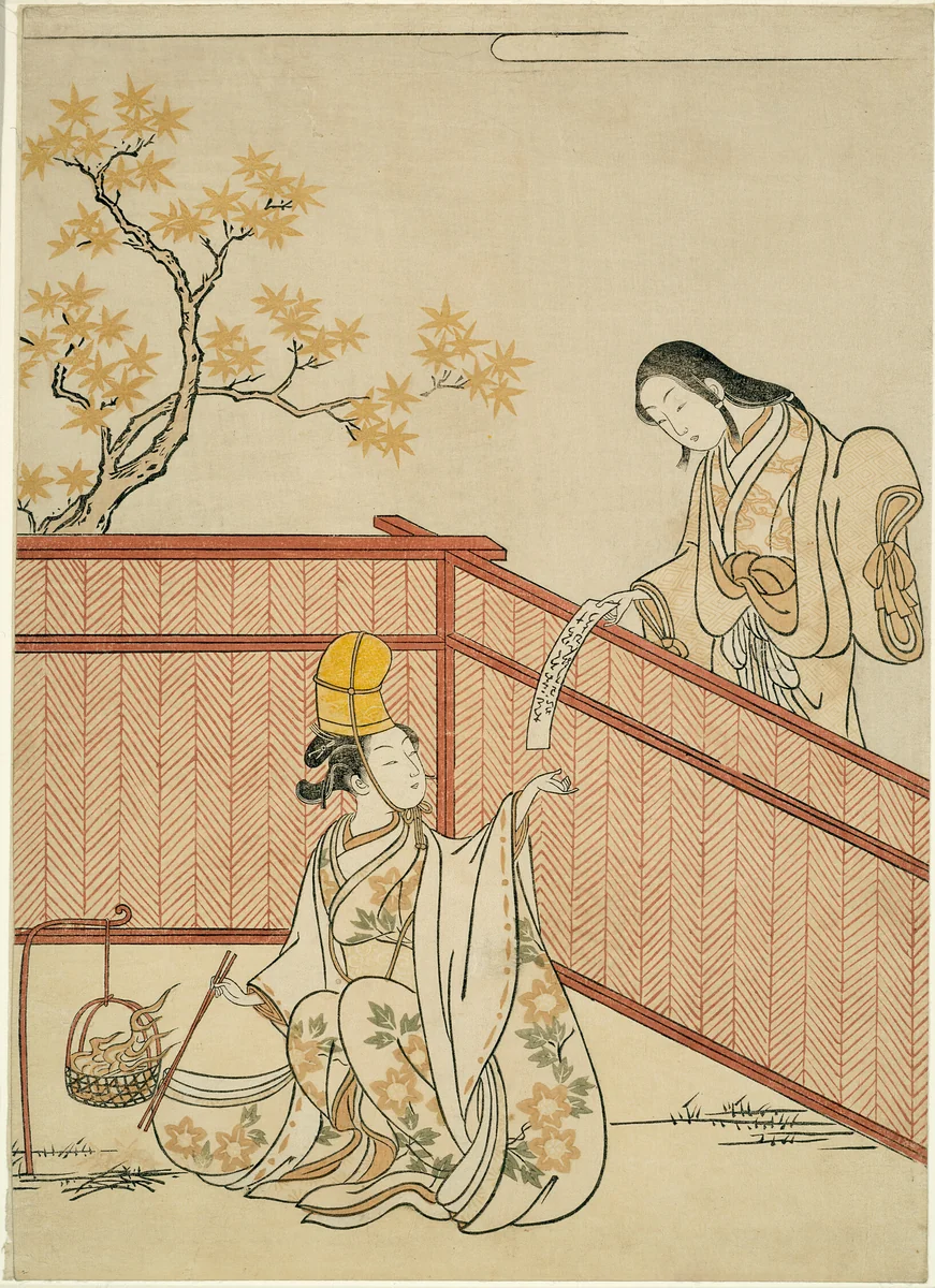 Burning Autumn Maple Leaves by Suzuki Harunobu (鈴木春信), print, 1765