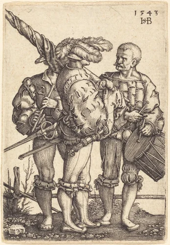 Standard Bearer, Drummer, and Piper by Sebald Beham; Barthel Beham, print, 1543