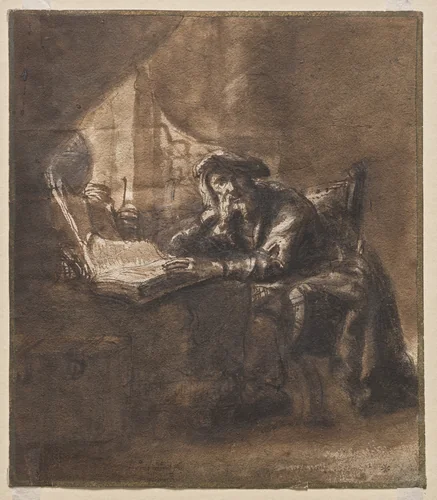 An Old Man Seated at a Table, His Head Resting on His Right Hand (recto) by Ferdinand Bol, drawing, 1625-1645