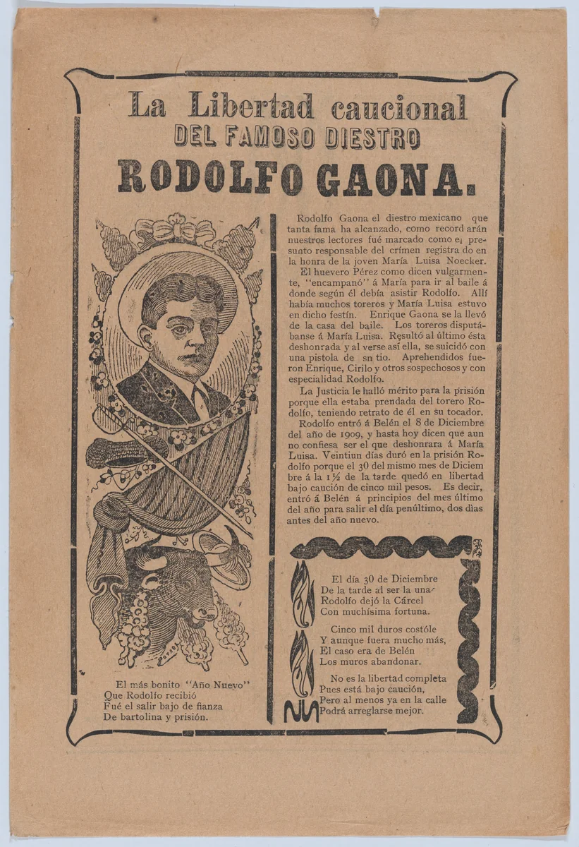 Broadsheet relating to the skillful bullfighter Rodolfo Gaona by José Guadalupe Posada, print, 1904-1914