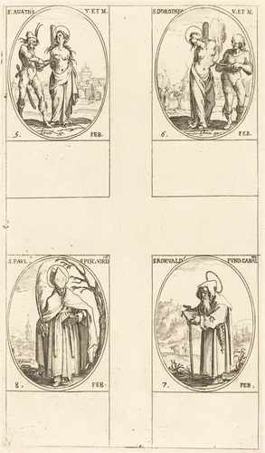 St. Agatha; St. Dorothy; St. Romuald of Ravenna; St. Paul, Bishop of Verdun by Jacques Callot, print, 1627-1637