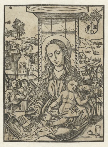 Maria en kind met papegaai by Unknown, print, 1490-1500
