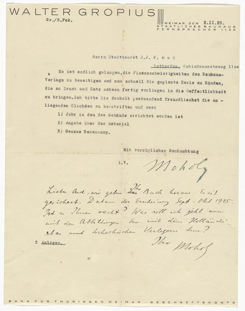 Walter Gropius letterhead (Letter to J.J. Pieter Oud from Moholy-Nagy) by Unidentified Designer, design, 1925