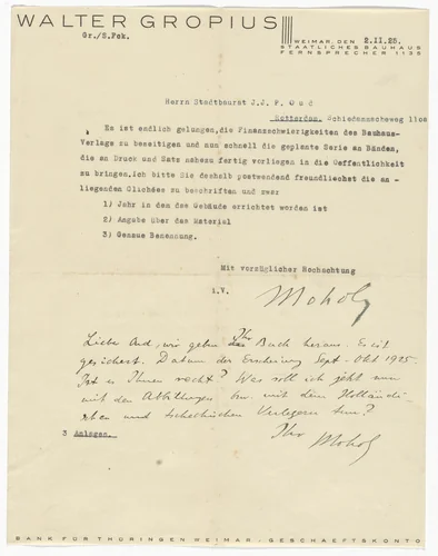 Walter Gropius letterhead (Letter to J.J. Pieter Oud from Moholy-Nagy) by Unidentified Designer, design, 1925