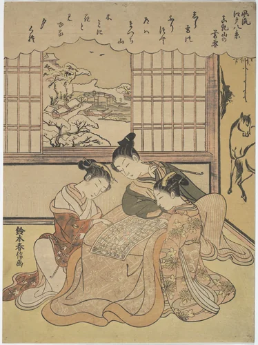 Evening Snow on Matsuchi Hilll, from the series Eight Fashionable Views of Edo (Furyu Edo hakkei) by Suzuki Harunobu (鈴木春信), print, 1755-1780