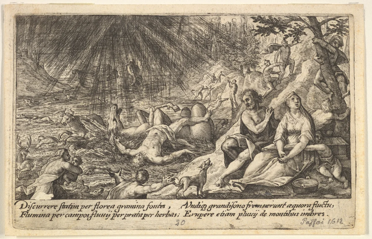 The beginning of the Flood: men and women climb to higher ground at right, water overtaking animals and people at left, Noah's Ark beyond, from "Liber Genesis" by Crispijn de Passe, print, 1612