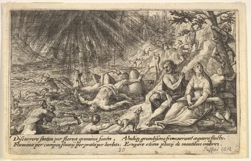The beginning of the Flood: men and women climb to higher ground at right, water overtaking animals and people at left, Noah's Ark beyond, from "Liber Genesis" by Crispijn de Passe, print, 1612