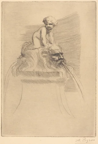 Small Fountain, Child Playing on the Grotesques (Petite fontaine, enfant qui joue surdes masques) by Alphonse Legros, print, 1837-1911