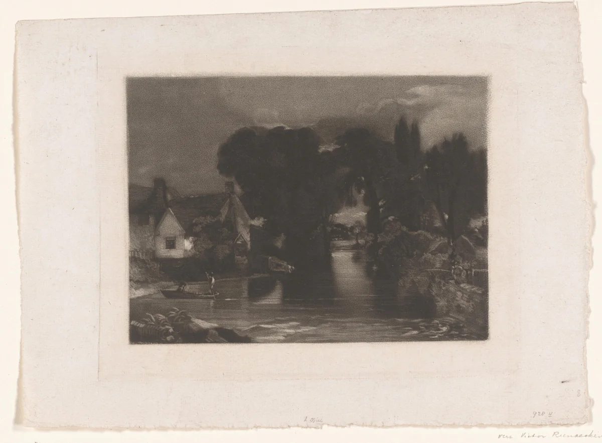 Gezicht op een rivier door een dorp by David Lucas, print, 1812-1882