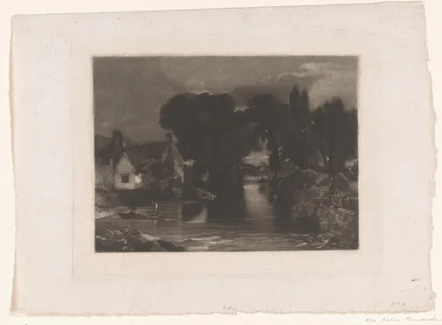 Gezicht op een rivier door een dorp by David Lucas, print, 1812-1882