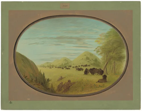 Catlin and Two Companions Shooting Buffalo by George Catlin, painting, 1861-1869