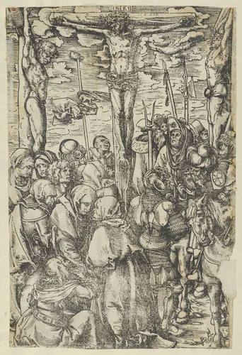 Two prints: The Crucifixion on recto and Christ Bearing the Cross on verso, from The Passion by Lucas Cranach, print, 1472-1553