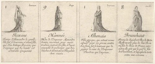 Roxane, Mammée, Athenais, and Brunehaut, from "The Game of Queens" (Le Jeu des Reines Renommées) by Stefano della Bella, print, 1644
