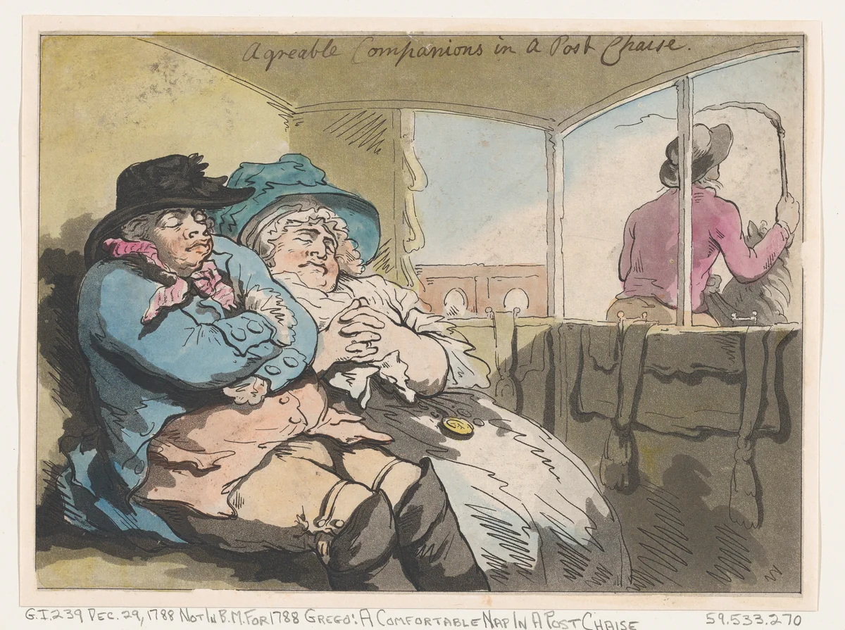 A Comfortable Nap in a Post Chaise by Thomas Rowlandson, print, 1788