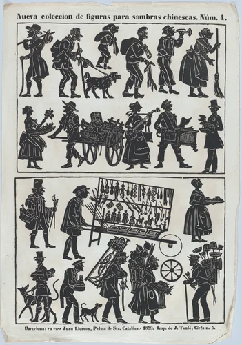 Sheet 1 of figures for Chinese shadow puppets by Juan Llorens, print, 1859