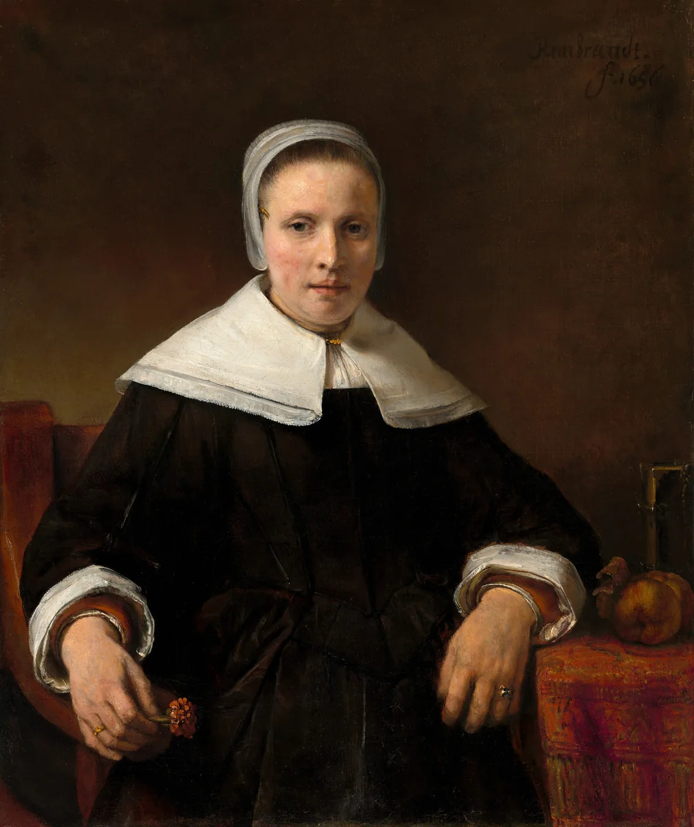 A Woman Holding a Pink by Rembrandt van Rijn, painting, 1656