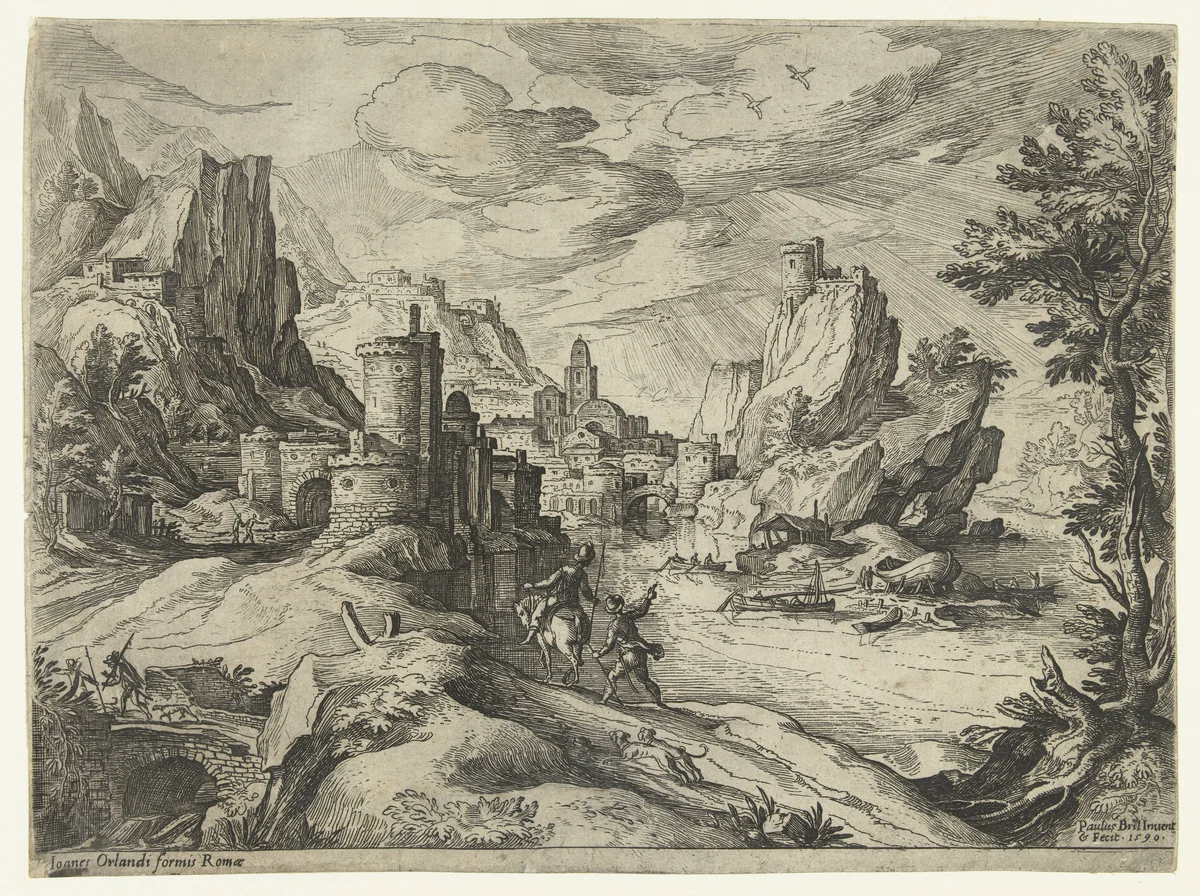 Rotskust in Campania met stad en reizigers by Unknown, print, 1590