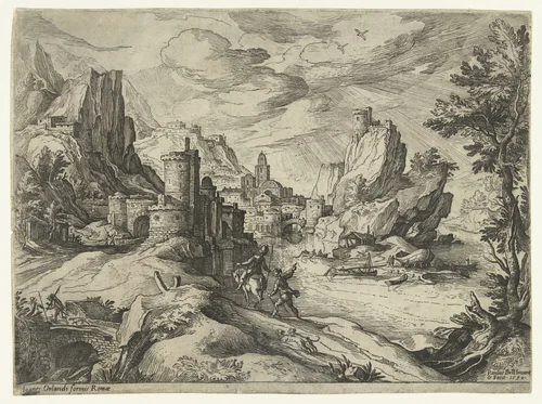 Rotskust in Campania met stad en reizigers by Unknown, print, 1590