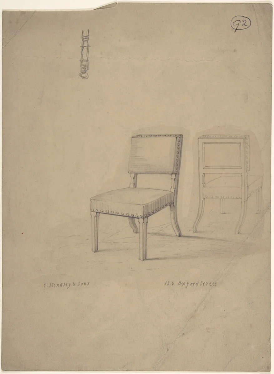 View of Front and Rear of Chair by Charles Hindley and Sons, drawing, 1841-1884