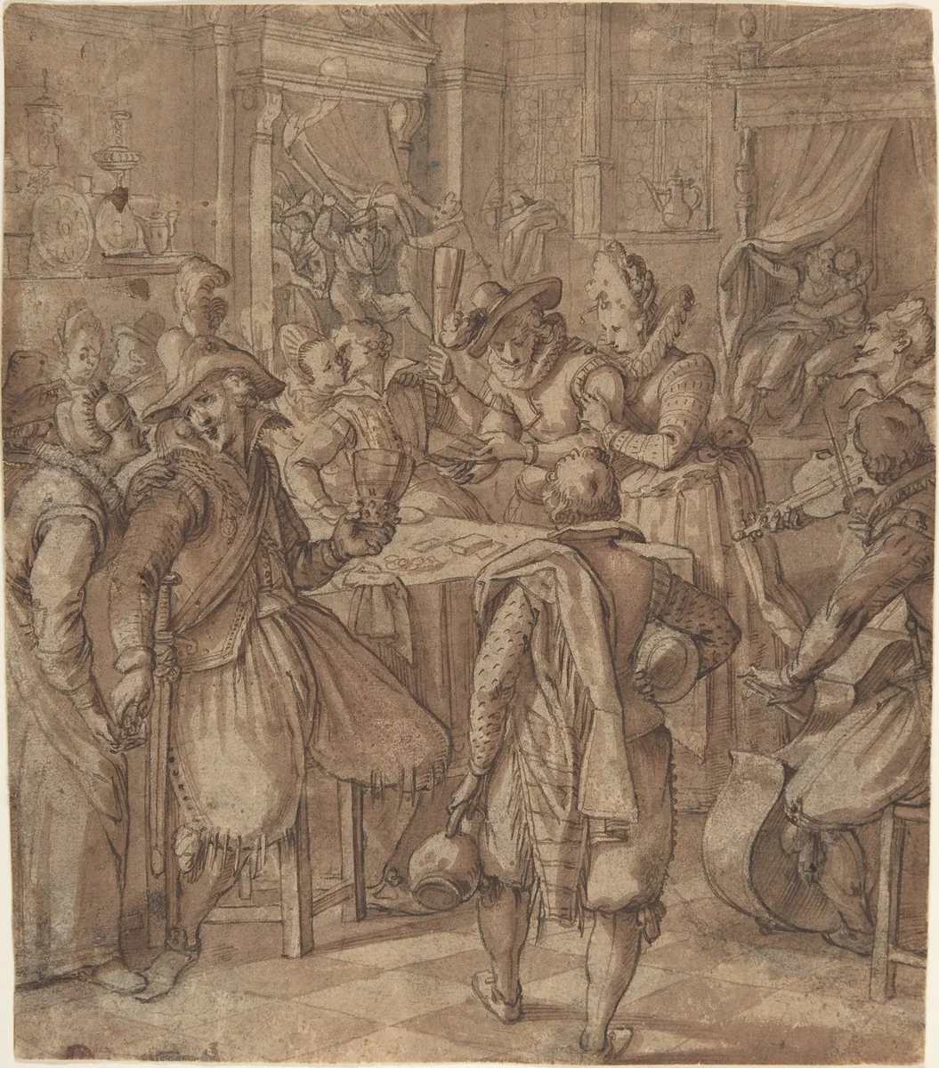 The Prodigal Son Squanders his Fortune with Prostitutes by Augustin Braun, drawing, 1585-1639