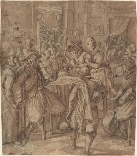 The Prodigal Son Squanders his Fortune with Prostitutes by Augustin Braun, drawing, 1585-1639