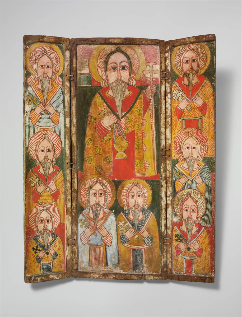 Icon triptych of Ewosṭatewos and eight of his disciples by Northern Highlands artist, painting, 1650-1700
