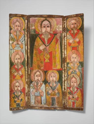 Icon triptych of Ewosṭatewos and eight of his disciples by Northern Highlands artist, painting, 1650-1700
