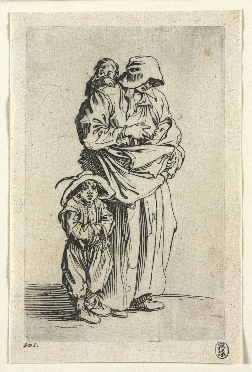 The Beggars: A Mother and Her Three Children by Jacques Callot, print, 1619-1627