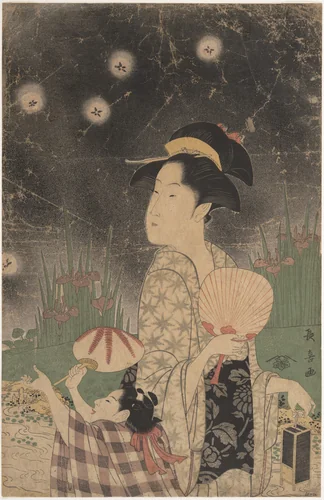 Woman and Child Catching Fireflies by Eishōsai Chōki, print, 1783-1803