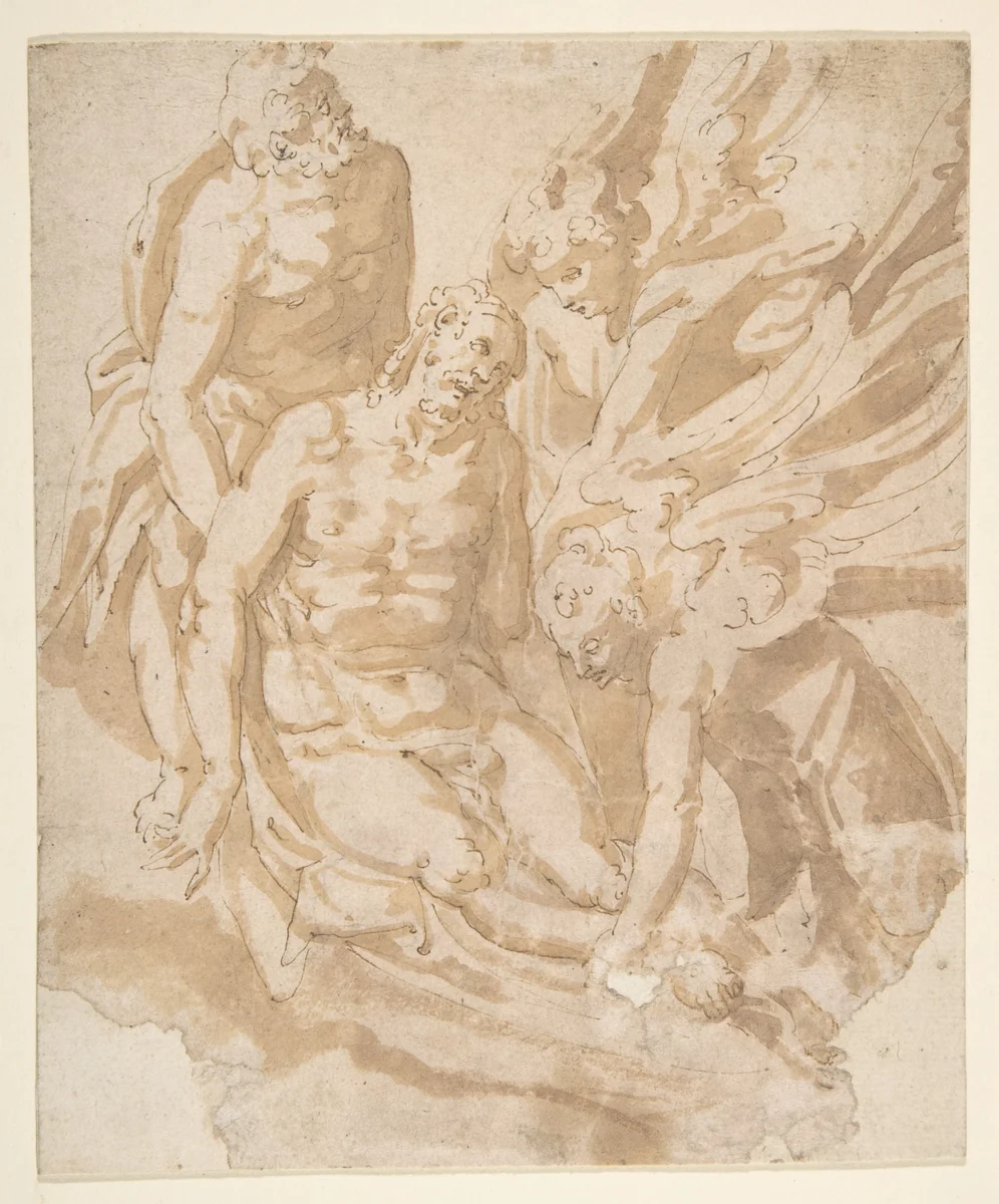 Design of Dead Christ Supported by Two Angels a Saint by Marco Marchetti, drawing, 1553-1588