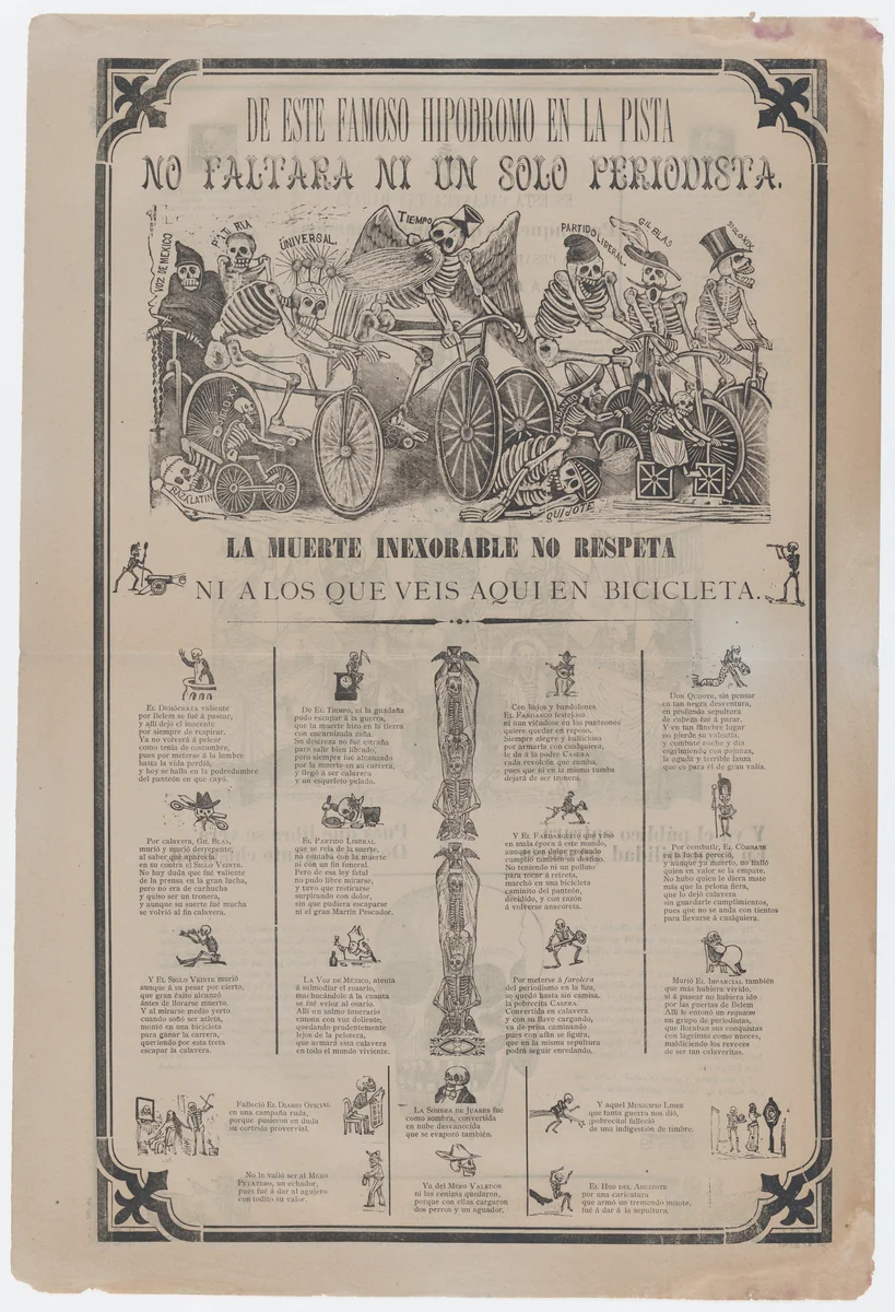Broadside: on recto skeletons riding bicycles; on verso skeletons buying and selling printed images etc by José Guadalupe Posada, print, 1890-1900