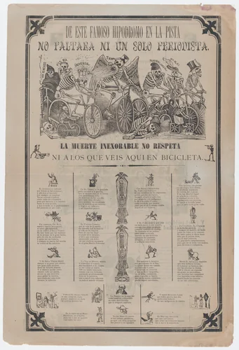 Broadside: on recto skeletons riding bicycles; on verso skeletons buying and selling printed images etc by José Guadalupe Posada, print, 1890-1900