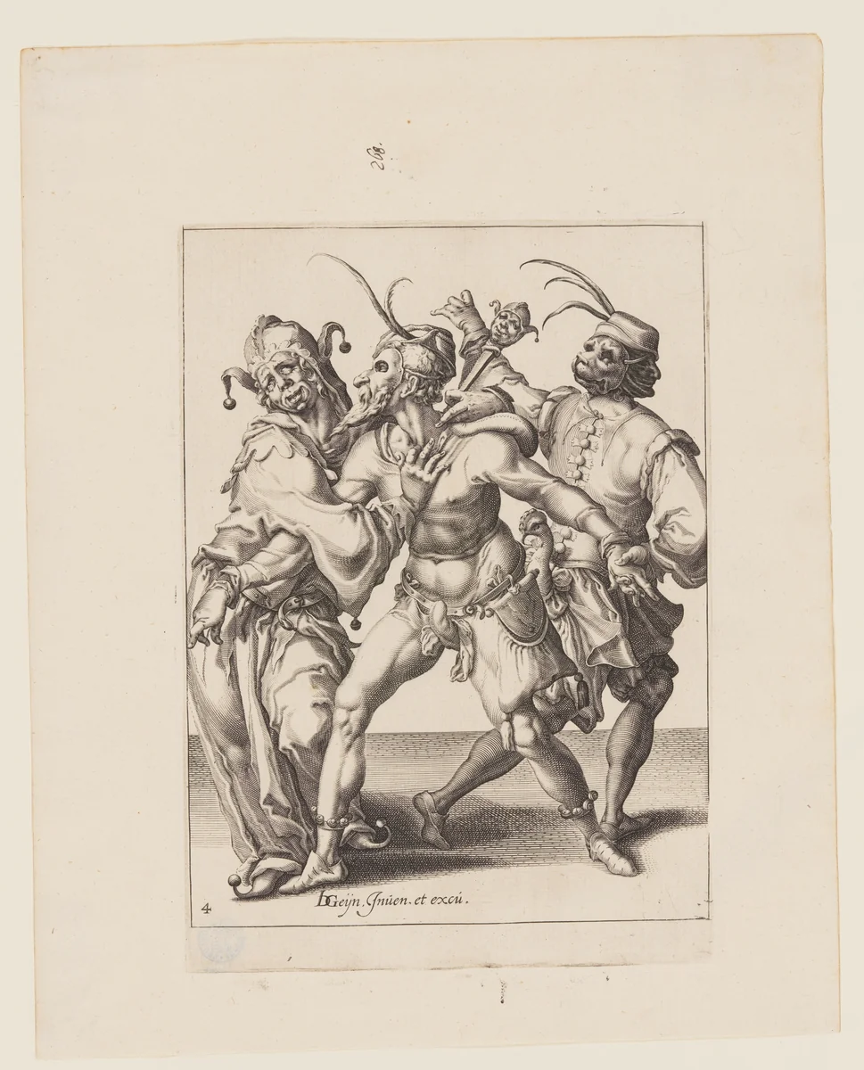 Three Dancing Mummers including a Jester, from The Masquerades by Jacques de Gheyn II, print, 1595-1596