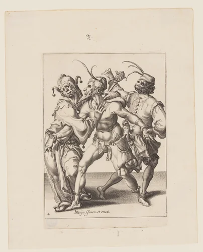 Three Dancing Mummers including a Jester, from The Masquerades by Jacques de Gheyn II, print, 1595-1596