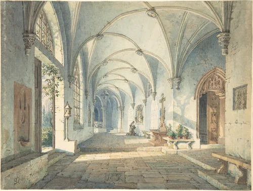 Cloisters in a Nunnery by Simon Quaglio, drawing, 1830-1840