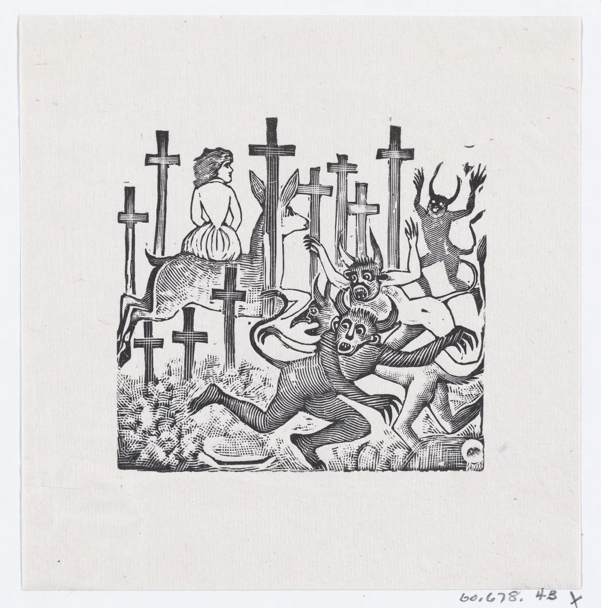 Demons running away from a woman on a deer riding through a field of crosses by José Guadalupe Posada, print, 1875-1885
