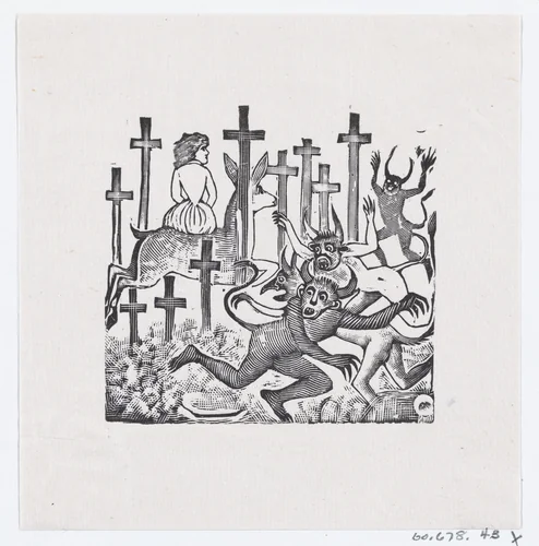 Demons running away from a woman on a deer riding through a field of crosses by José Guadalupe Posada, print, 1875-1885