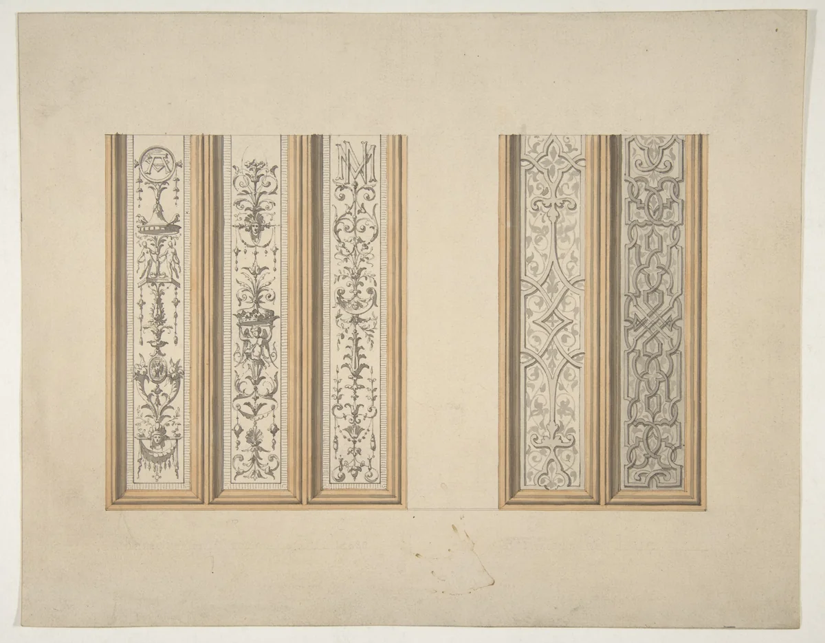 Designs for the painted decoration of framed panels, possibly for the Château de Mouchy (Oise) by Jules-Edmond-Charles Lachaise, drawing, 1850-1900