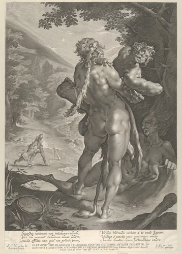 Hercules and Antaeus by Lucas Kilian, print, 1610