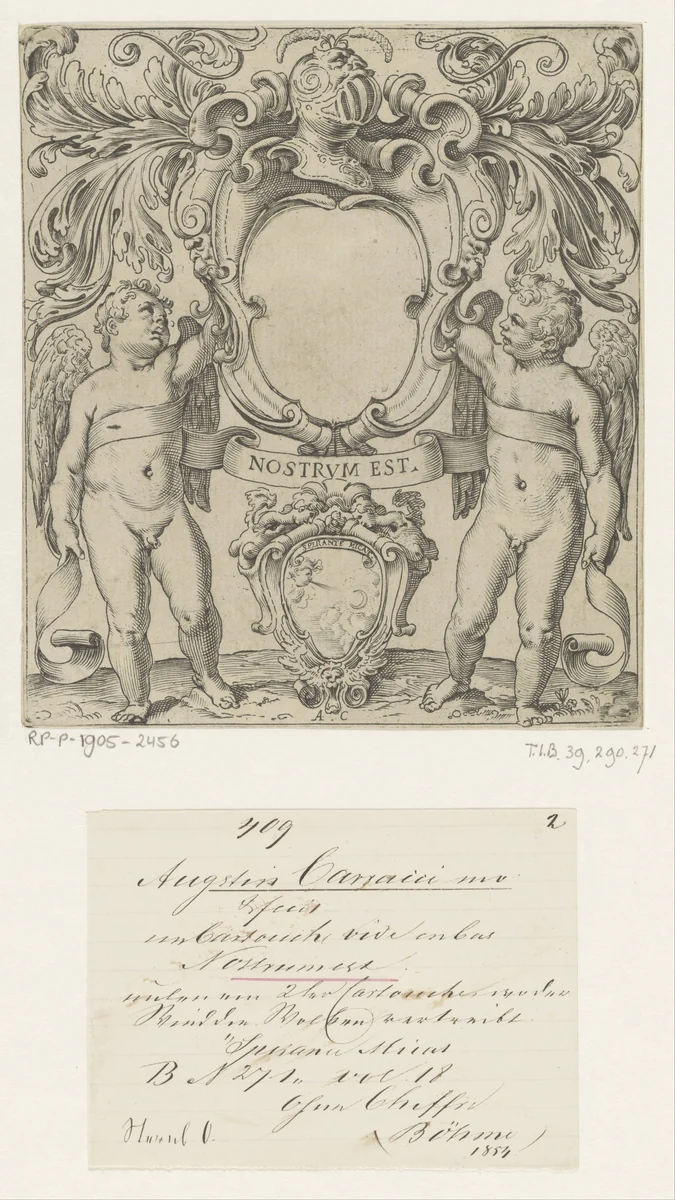 Wapenschild met putti by Unknown, print, 1590-1595