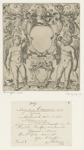 Wapenschild met putti by Unknown, print, 1590-1595