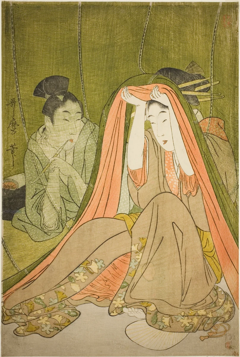 Emerging from a Mosquito Net by Kitagawa Utamaro (喜多川歌麿), print, 1792-1805
