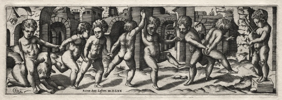 Frieze of Children Dancing to a Bag-pipe by Giorgio Reverdino, print, 1531-1570