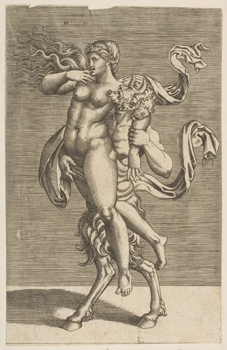 Satyr carrying a nymph restraining her right arm by anonymous, print, 1515-1600