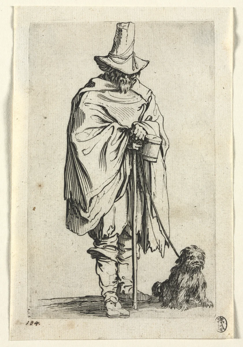 The Beggars: Blind Man with His Dog by Jacques Callot, print, 1619-1627