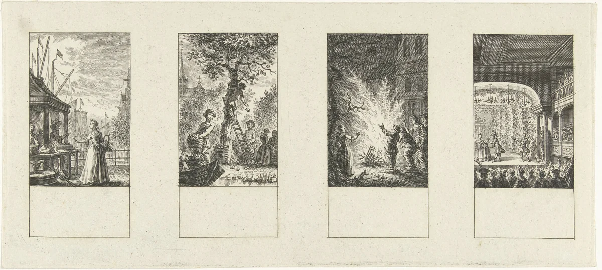 Vier voorstellingen van de maanden oktober, november, februari, maart by Simon Fokke, print, 1722-1784