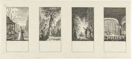 Vier voorstellingen van de maanden oktober, november, februari, maart by Simon Fokke, print, 1722-1784