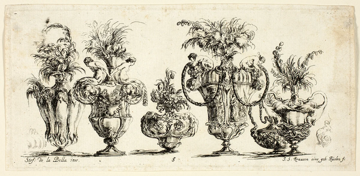 Plate Five from Raccolta di Vasi diversi di Stef. de la Bella Fiorentino by Johanna Sibylla Küsel, print, 1646