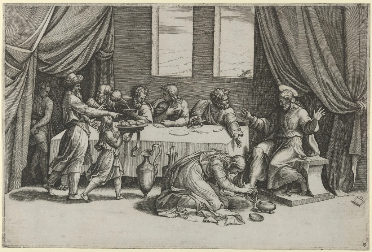 Christ at the table of Simon the Pharisee, Mary Magdalene washing his feet with her hair by Marcantonio Raimondi, print, 1515-1530