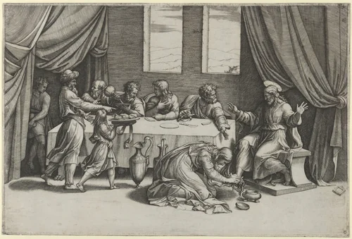 Christ at the table of Simon the Pharisee, Mary Magdalene washing his feet with her hair by Marcantonio Raimondi, print, 1515-1530